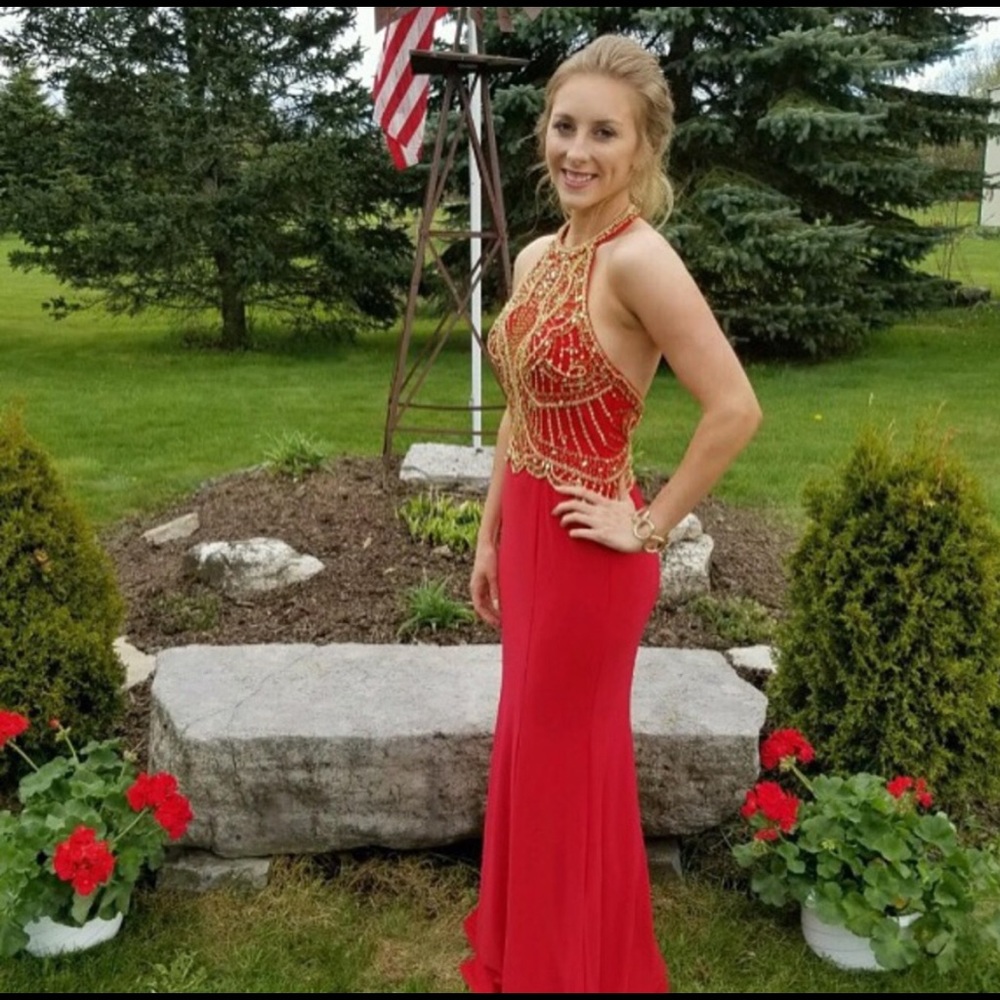 Red and gold prom dress, only worn once!